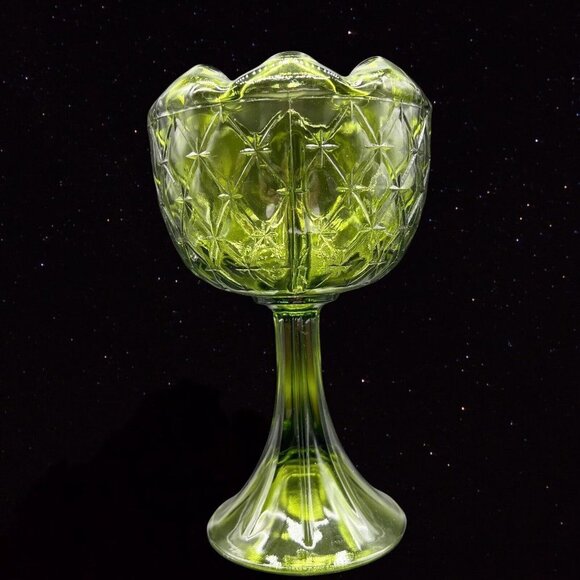 Indiana Art Glass Pedestal Tall Cup Bowl Diamond Avocado Green Duette 9”T 5”W - Picture 5 of 10